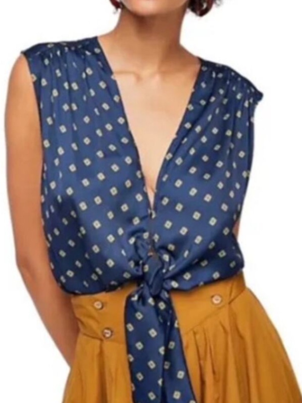 Free People Women's Navy Patterned Silky Tie Front Sleeveless Blouse Top Sz S